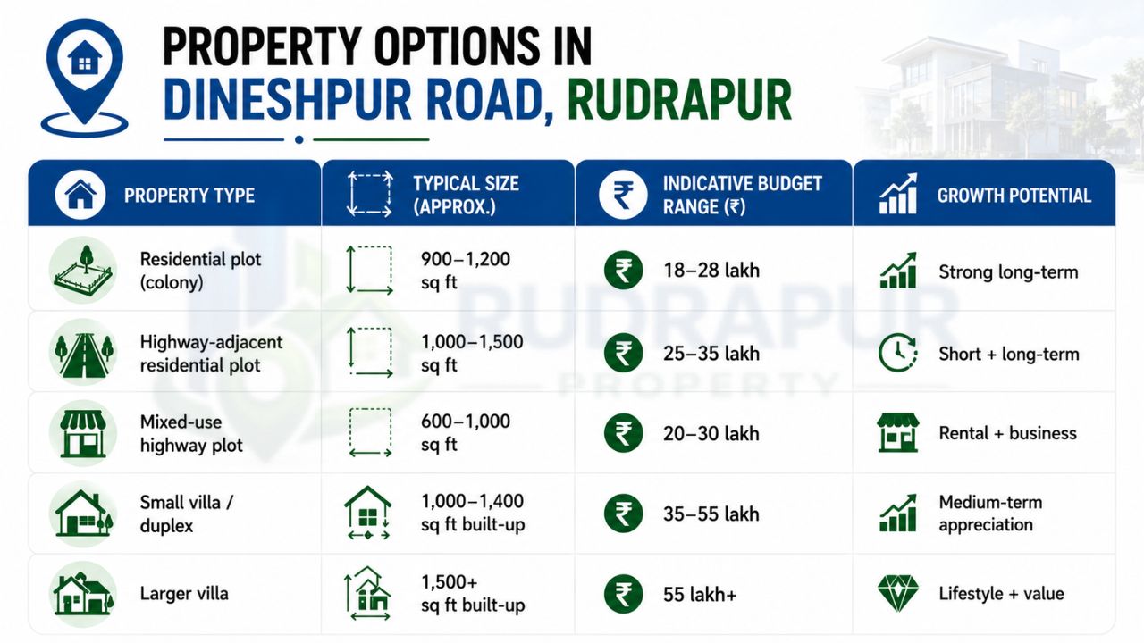 Property options on Dineshpur Road, Rudrapur comparing residential plots, highway plots, villas, budget ranges, and investment potential