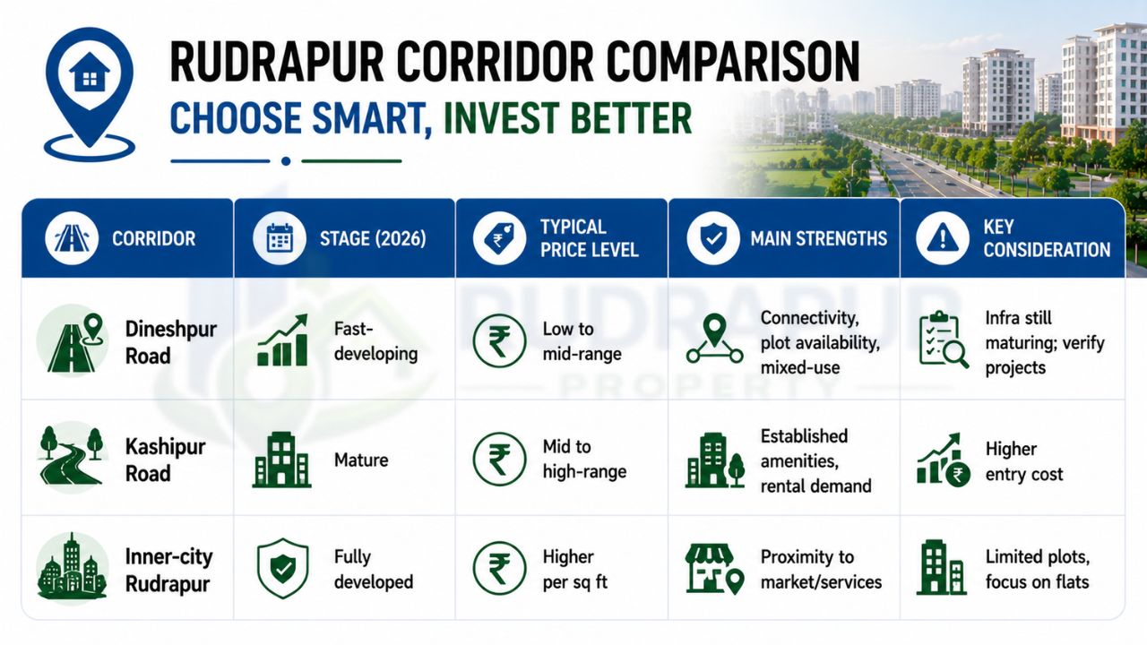 Rudrapur corridor comparison showing Dineshpur Road, Kashipur Road, and Inner-city Rudrapur based on development stage, property prices, strengths, and investment considerations