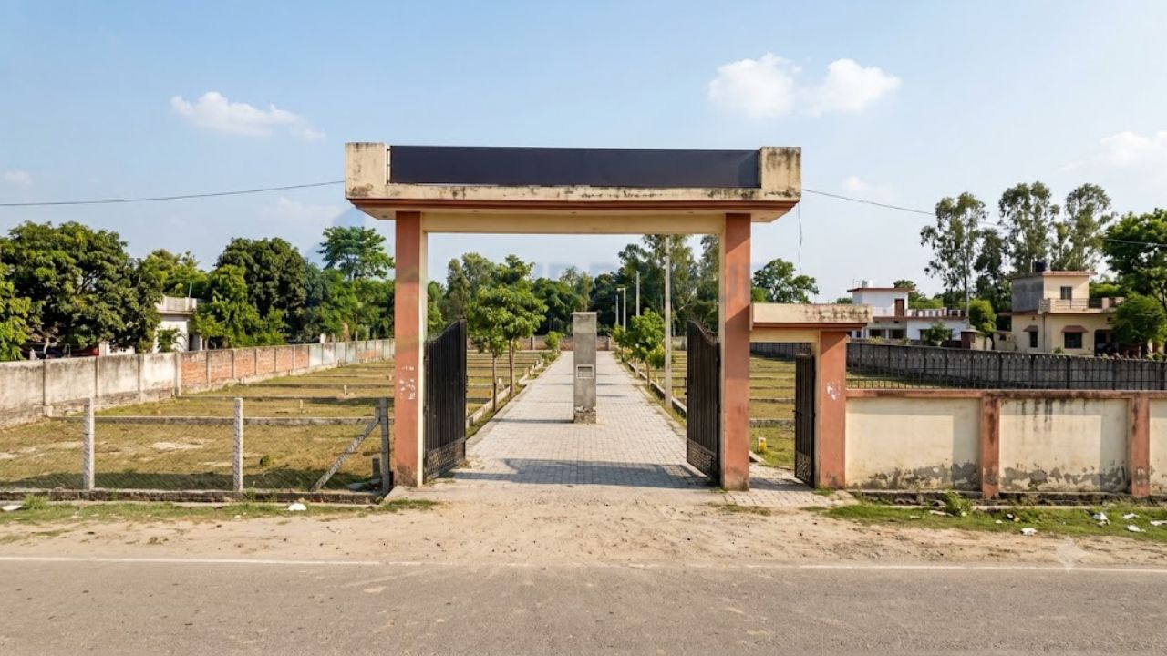 Entrance gate of a gated residential colony in Kalinagar Dineshpur, Rudrapur, featuring plotted residential land, internal roads, boundary walls, and secure surroundings for homebuyers and investors.