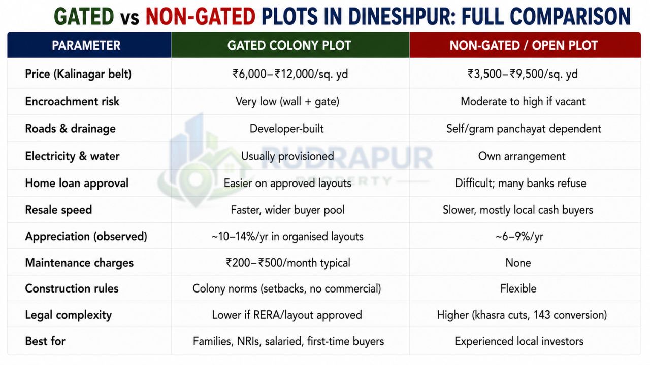 Comparison infographic of gated colony plots and non-gated open plots in Dineshpur, Rudrapur, showing differences in price, infrastructure, security, legal verification, appreciation, resale value, and home loan approval.