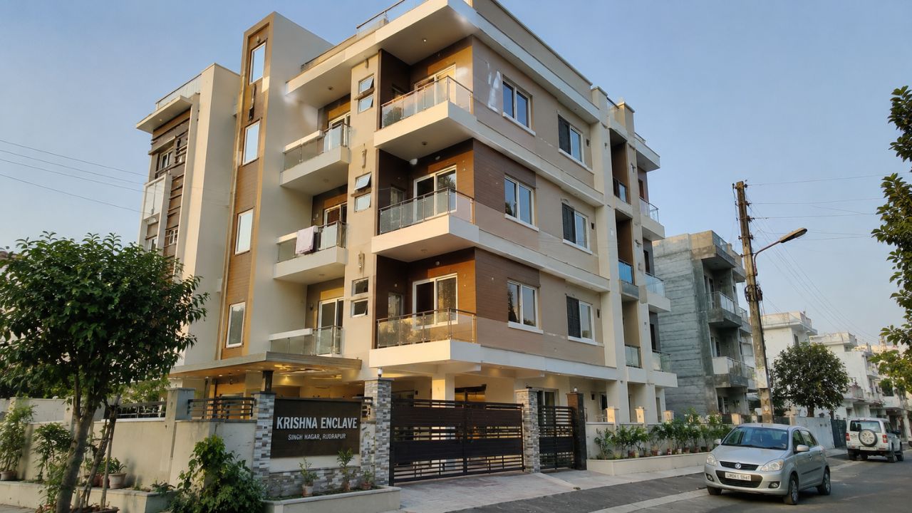 Modern residential apartment building in Rudrapur, Uttarakhand, representing home loan financing options for flats and residential properties.