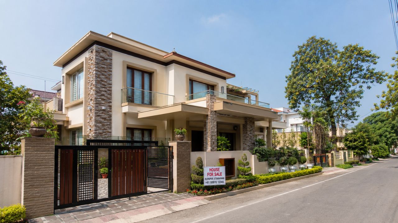 Modern independent house for sale in a premium residential neighborhood in Rudrapur, Uttarakhand, featuring a contemporary design and landscaped surroundings.