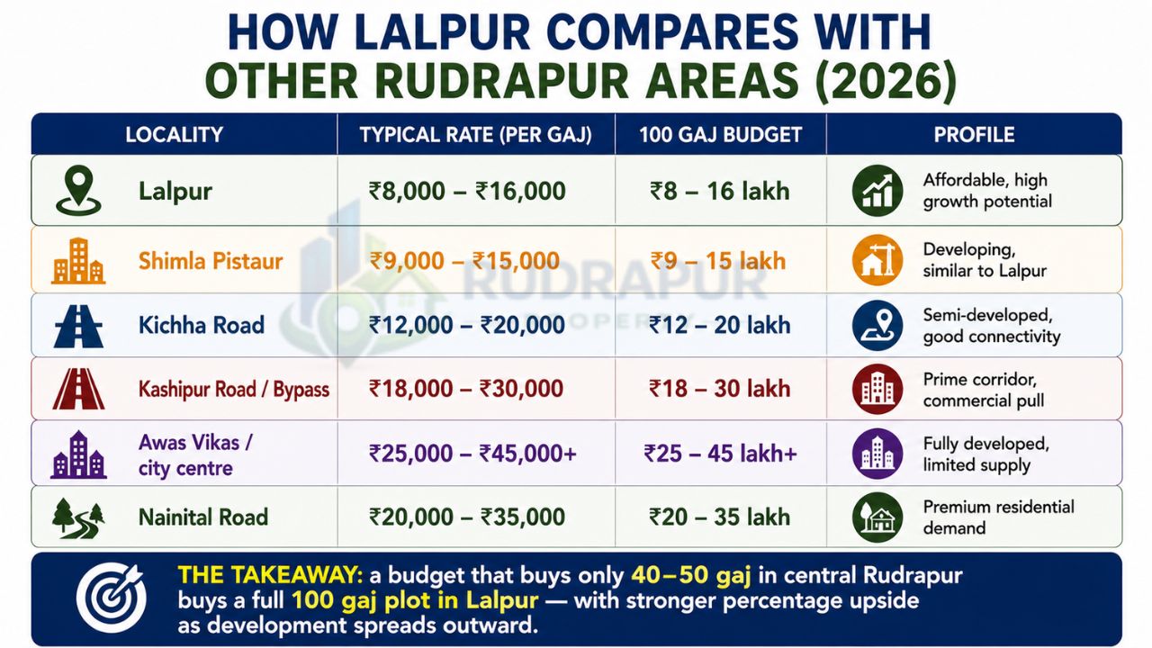 Infographic comparing Lalpur with other Rudrapur areas, including Shimla Pistaur, Kichha Road, Kashipur Road, Awas Vikas, and Nainital Road based on property rates, 100 Gaj budgets, and investment potential.