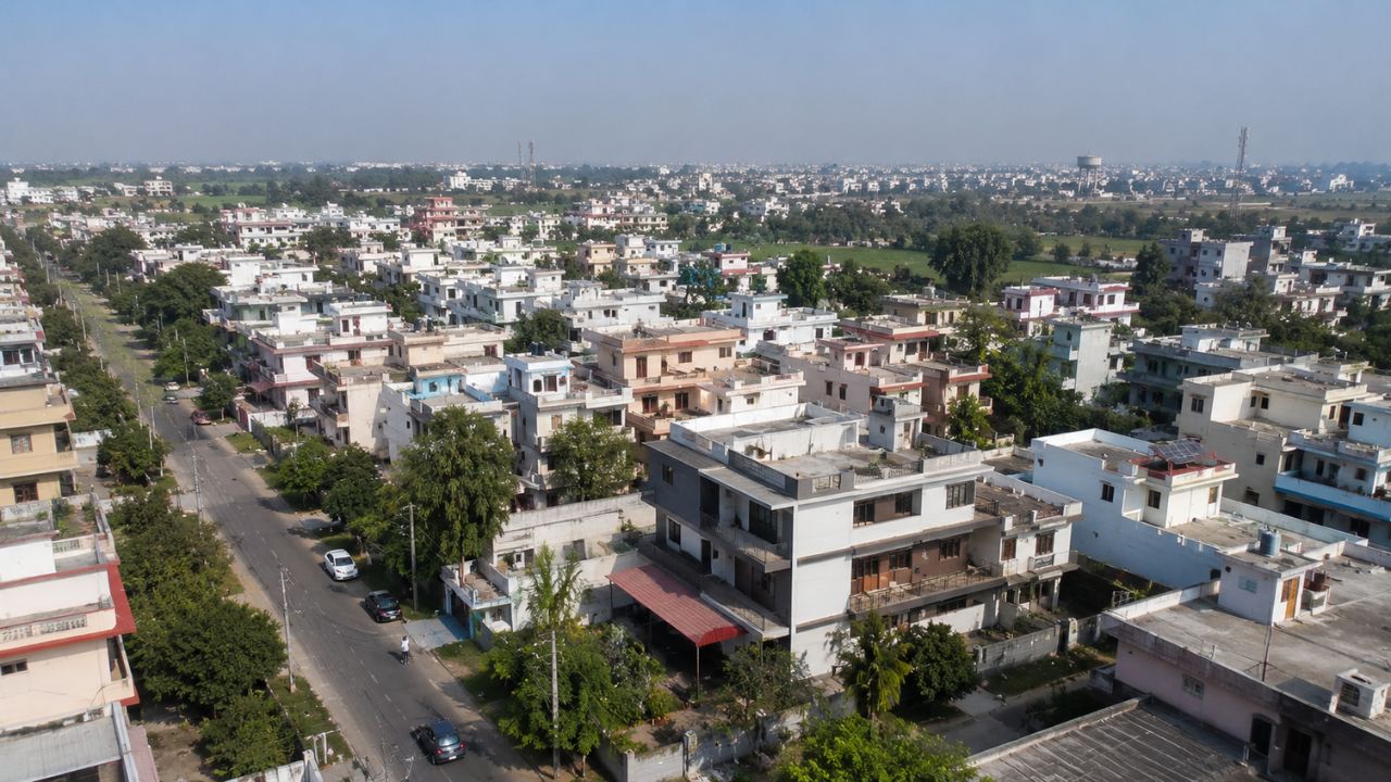 Aerial view of a residential neighborhood in Rudrapur, Uttarakhand, showcasing developed homes, wide roads, and growing residential infrastructure for property buyers.