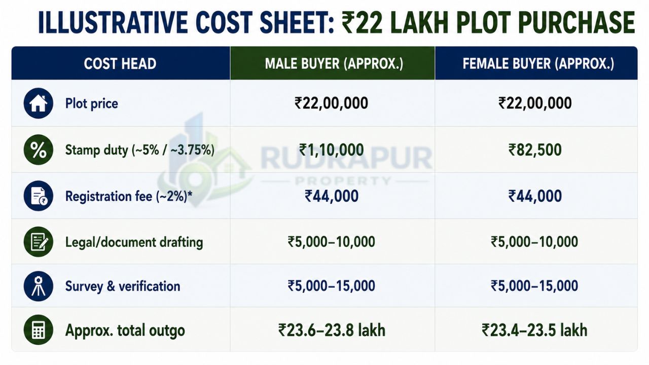 Infographic showing the estimated purchase cost breakdown for a ₹22 lakh residential plot, including stamp duty, registration charges, legal expenses, survey costs, and total purchase cost for male and female buyers.