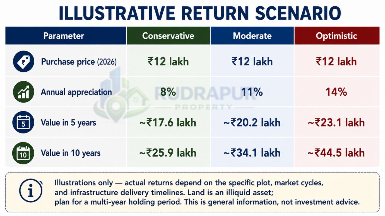 Infographic illustrating projected investment returns for a 100 Gaj plot in Lalpur, Rudrapur, showing conservative, moderate, and optimistic appreciation scenarios over 5 and 10 years.
