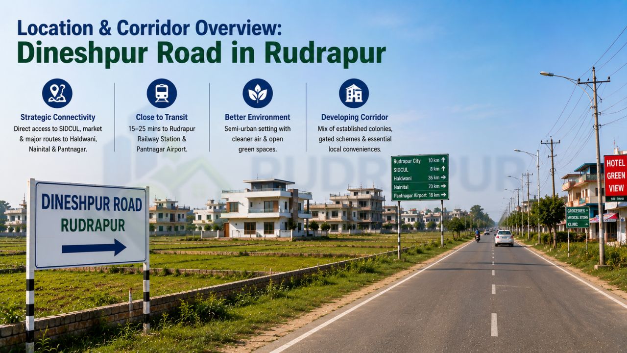 Location and corridor overview of Dineshpur Road Rudrapur highlighting strategic connectivity, developing residential infrastructure, transport access, and prime real estate investment opportunities.