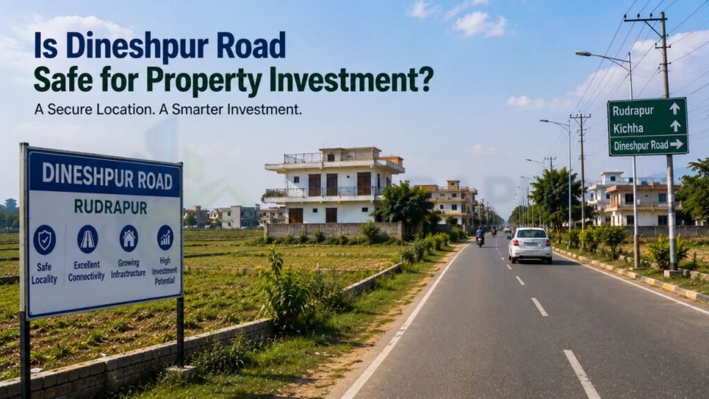 Is Dineshpur Road safe for property investment in Rudrapur featuring residential plots, excellent road connectivity, growing infrastructure, and strong real estate investment potential.