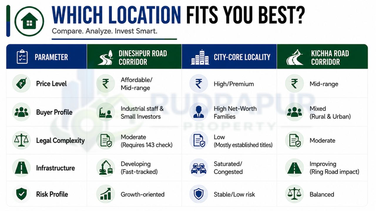 Location comparison for buying residential plots in Rudrapur comparing Dineshpur Road, city-center, and Kichha Road based on pricing, infrastructure, buyer profile, and investment potential.