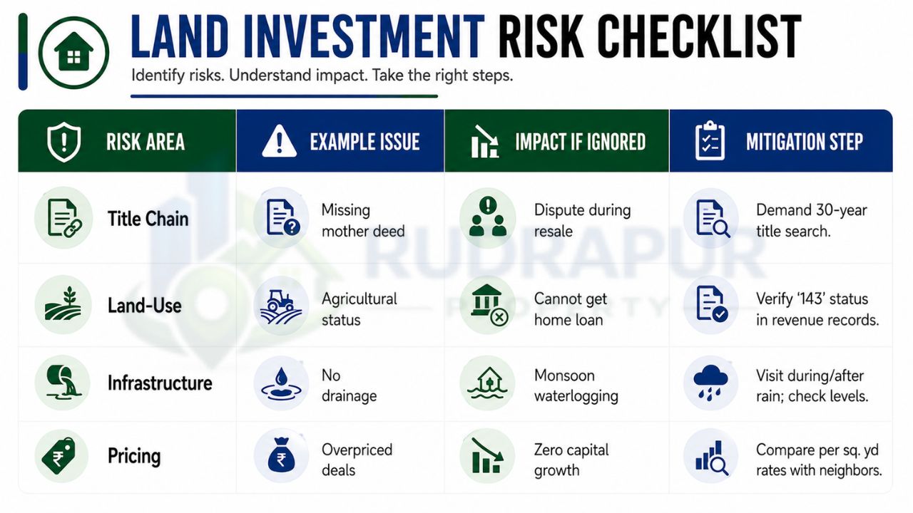 Land investment risk checklist for buying residential plots on Dineshpur Road Rudrapur covering title verification, land use, infrastructure, pricing, and legal due diligence.