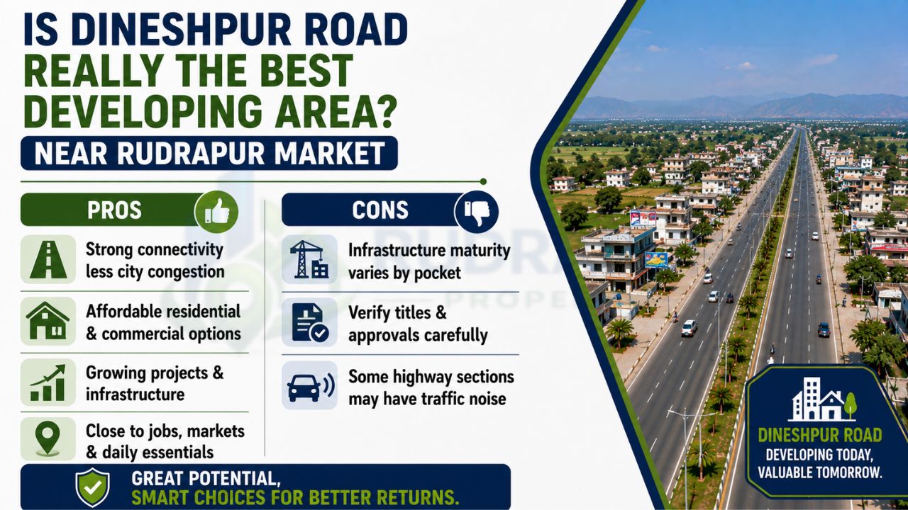 Infographic explaining the pros and cons of investing on Dineshpur Road near Rudrapur Market, highlighting connectivity, affordability, infrastructure growth, approvals, and investment potential.