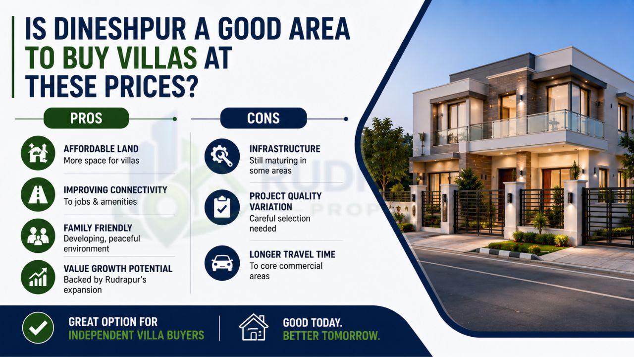 Infographic explaining the advantages and disadvantages of buying villas in Dineshpur, including affordable land, family-friendly environment, improving connectivity, infrastructure, and investment potential.