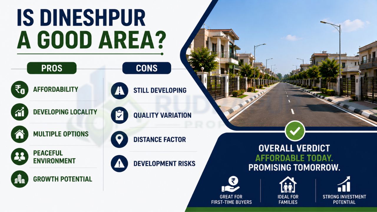 Infographic showing the advantages and disadvantages of buying property in Dineshpur, Rudrapur, along with the overall investment verdict.
