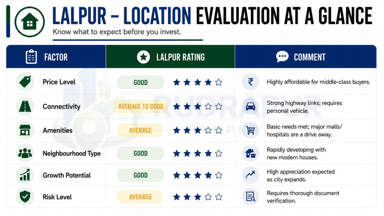 Lalpur location evaluation for buying residential plots in Rudrapur comparing affordability, connectivity, amenities, neighborhood quality, growth potential, and investment risk.
