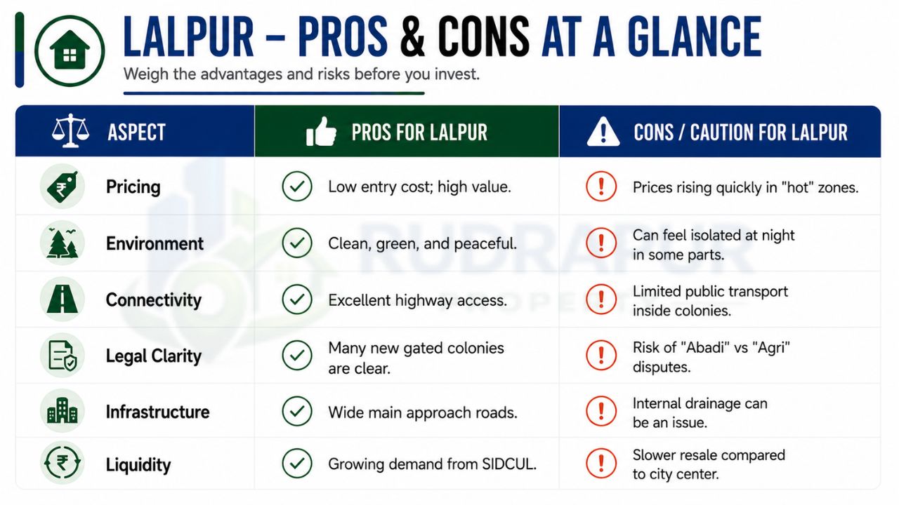 Lalpur Rudrapur plot buying pros and cons comparing pricing, connectivity, legal clarity, infrastructure, investment potential, and risks for residential property buyers.