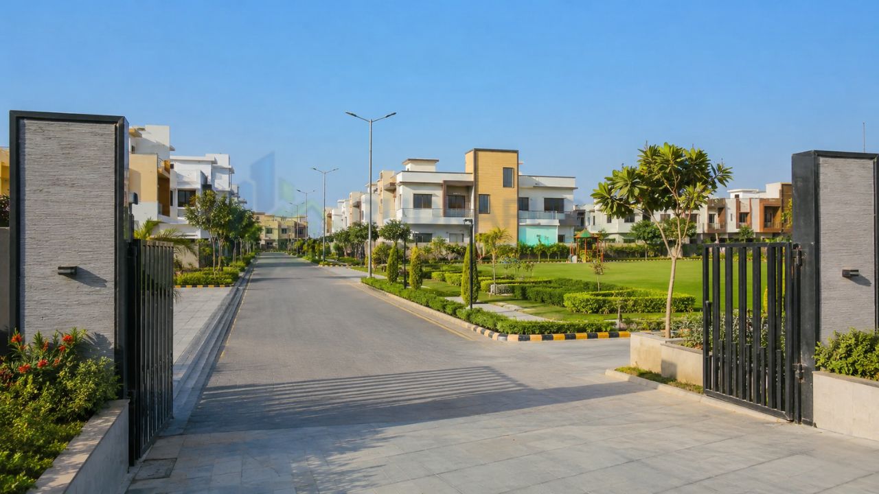 Modern gated residential community with wide roads, landscaped parks, and premium homes in Rudrapur, Uttarakhand, showcasing real estate investment opportunities.