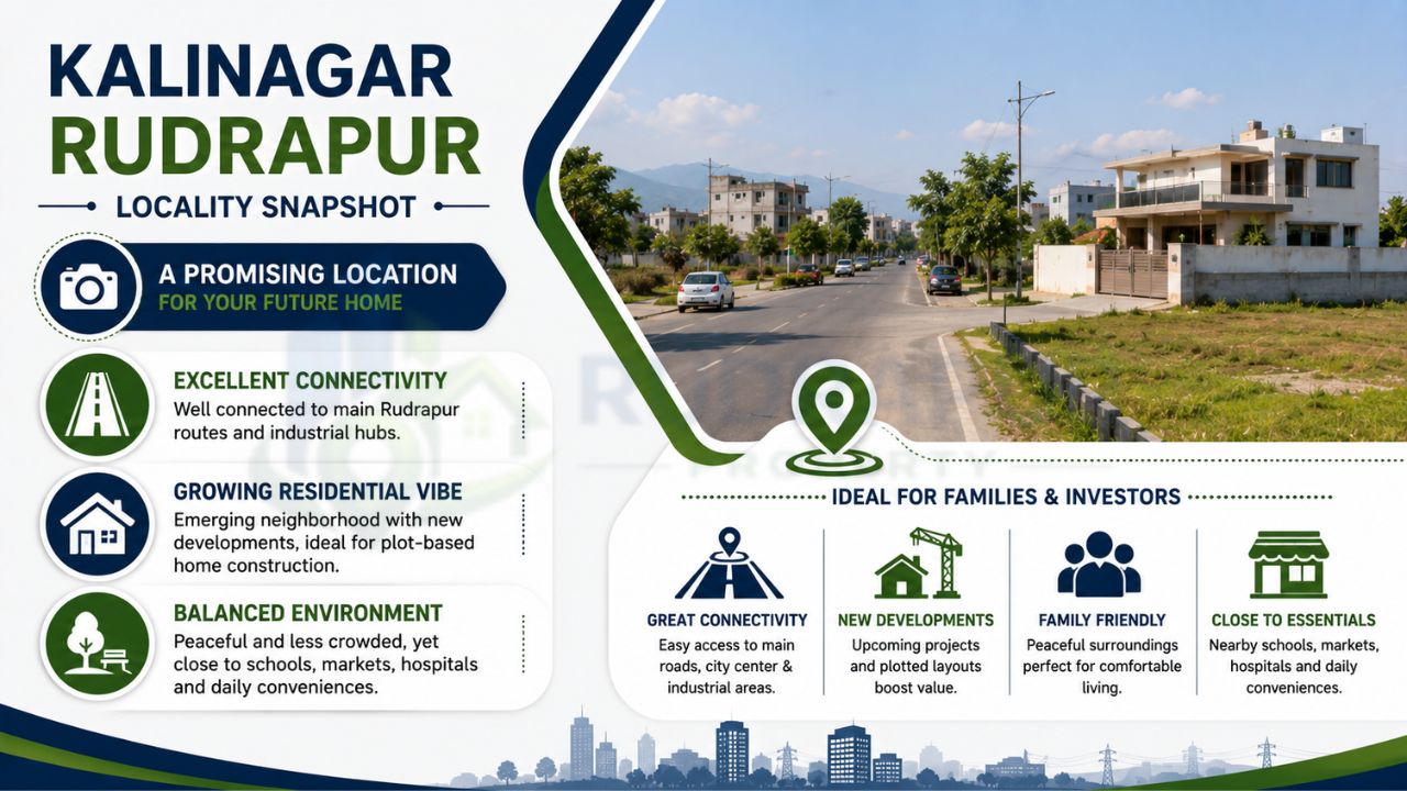 Infographic highlighting Kalinagar Rudrapur's connectivity, residential growth, nearby amenities, and investment potential for families and property buyers.