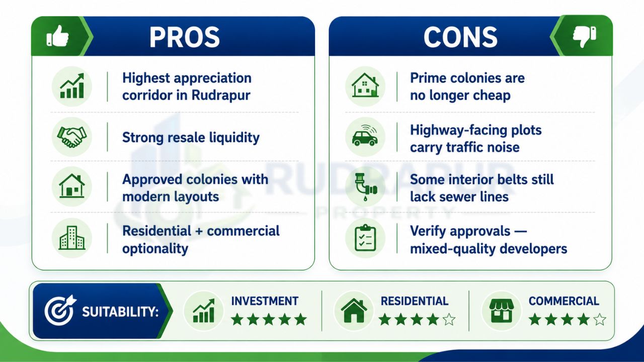 Infographic highlighting the advantages and disadvantages of investing in Kashipur Road Rudrapur, including appreciation potential, resale demand, infrastructure, and development considerations.