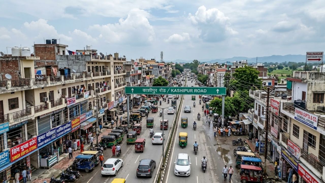 Aerial view of Kashipur Road in Rudrapur showing a busy commercial corridor with shops, businesses, traffic, and mixed-use developments in Uttarakhand.