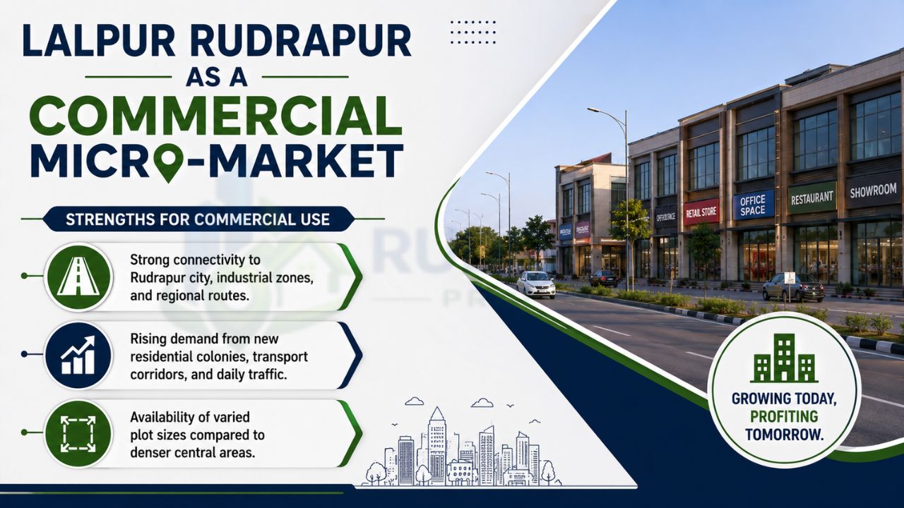 Infographic explaining why Lalpur Rudrapur is a growing commercial micro-market with strong connectivity, rising demand, and investment opportunities.