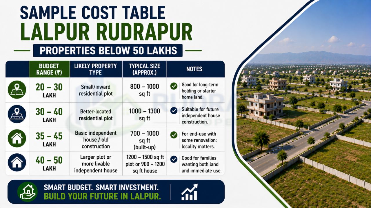 Infographic showing sample property prices below ₹50 lakhs in Lalpur Rudrapur, including residential plots, independent houses, plot sizes, budget ranges, and buying recommendations.