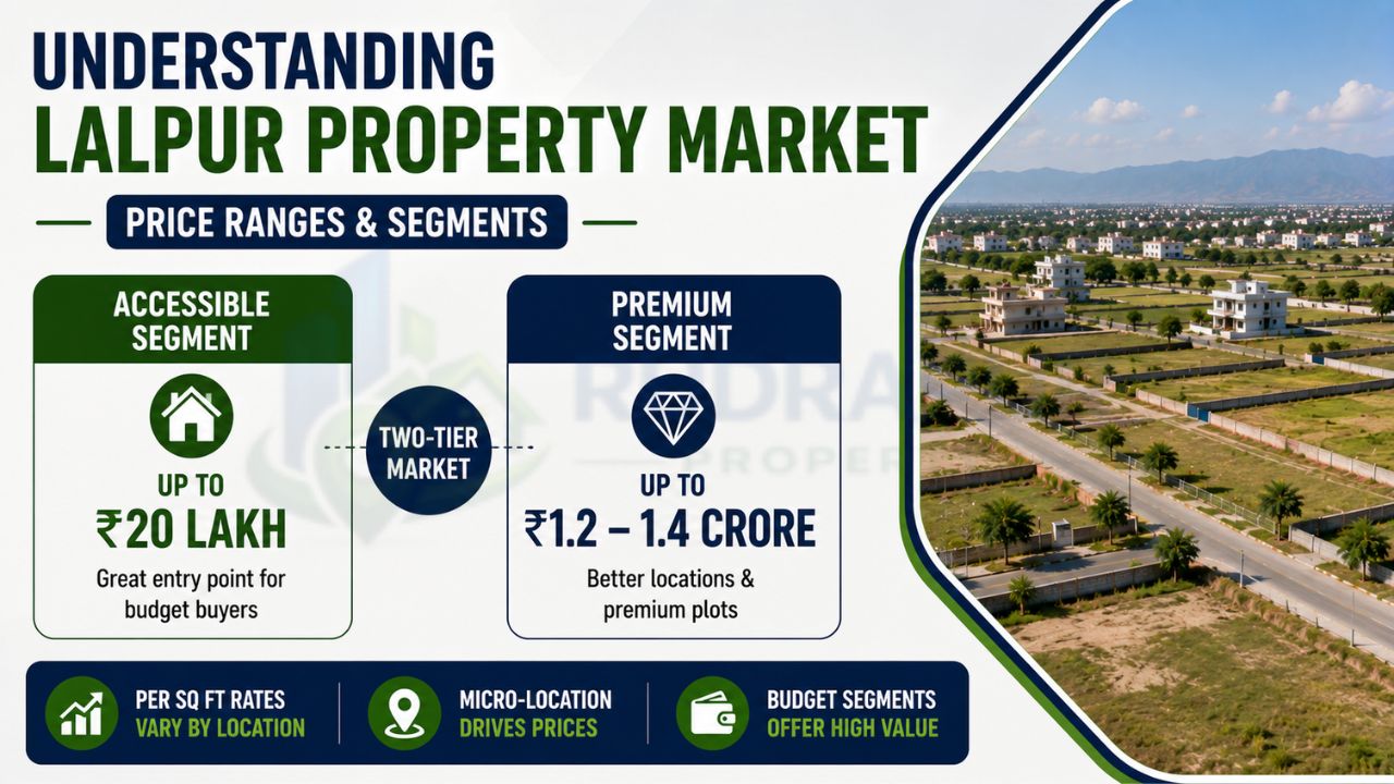 Infographic explaining Lalpur Rudrapur property market price segments, including affordable plots, premium plots, budget options, and property value trends for investors.