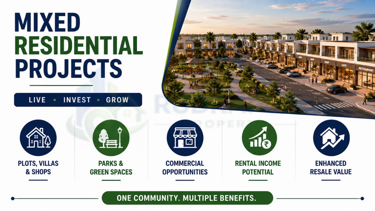Infographic highlighting mixed residential developments featuring plots, villas, shops, parks, commercial spaces, and investment opportunities.
