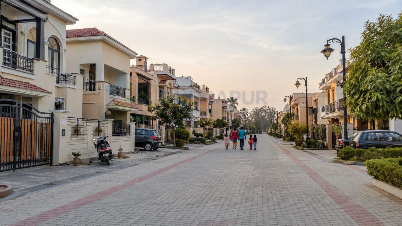 Wide street lined with premium villas and landscaped surroundings in Omaxe Riviera Rudrapur, a modern gated residential township in Uttarakhand.