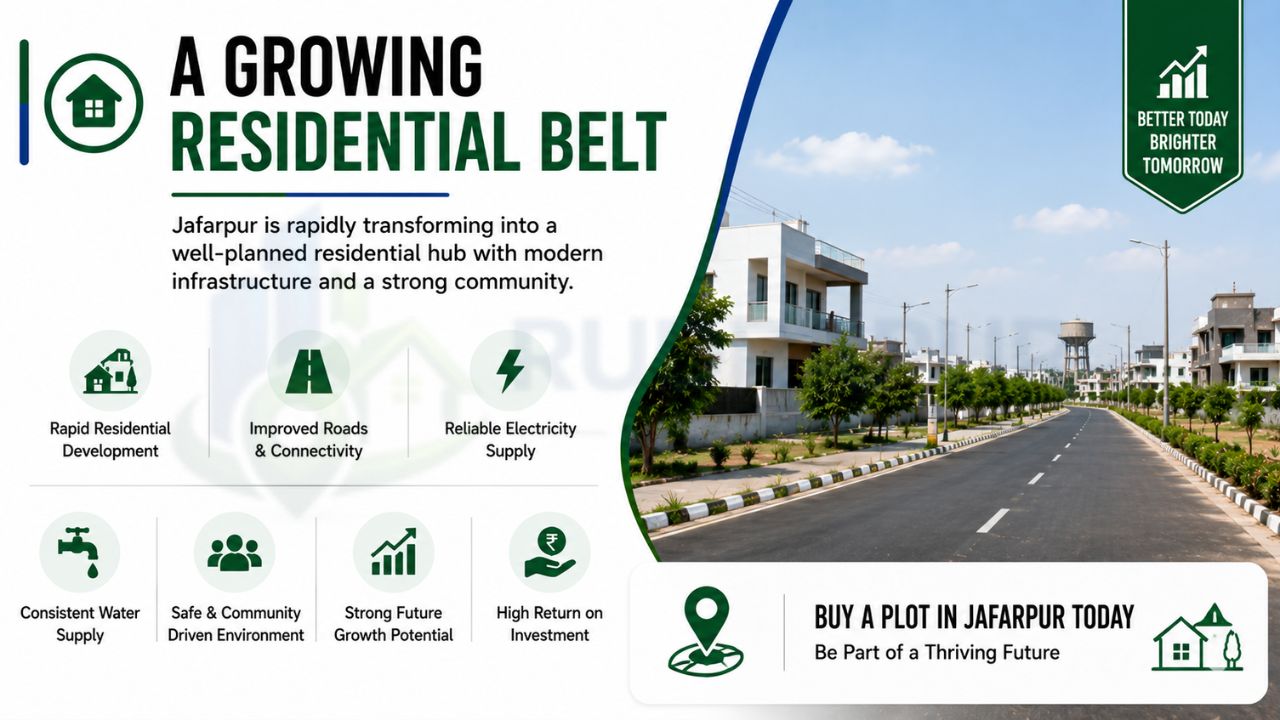 Growing residential area in Jafarpur Rudrapur featuring modern infrastructure, wide roads, residential development, reliable utilities, and high real estate investment potential.