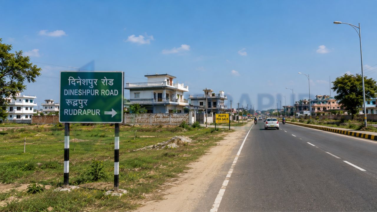 Dineshpur Road Rudrapur showcasing residential plots for sale, wide road connectivity, developing infrastructure, and a prime location for real estate investment.