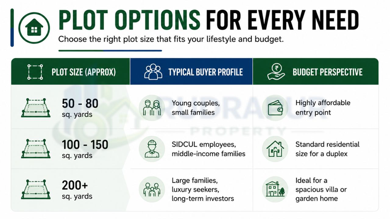Plot options on Dineshpur Road Rudrapur showing residential plot sizes, buyer profiles, and budget ranges for homebuyers and real estate investors.