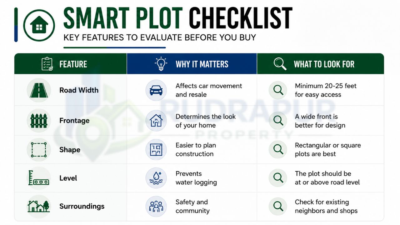Smart plot checklist for buying residential plots on Dineshpur Road Rudrapur covering road width, frontage, plot shape, level, and surroundings for informed property investment.