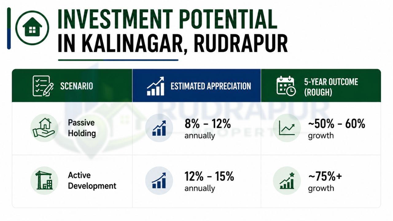 Investment potential of residential plots in Kalinagar Rudrapur showing estimated annual appreciation, passive holding returns, active development growth, and 5-year investment outlook.