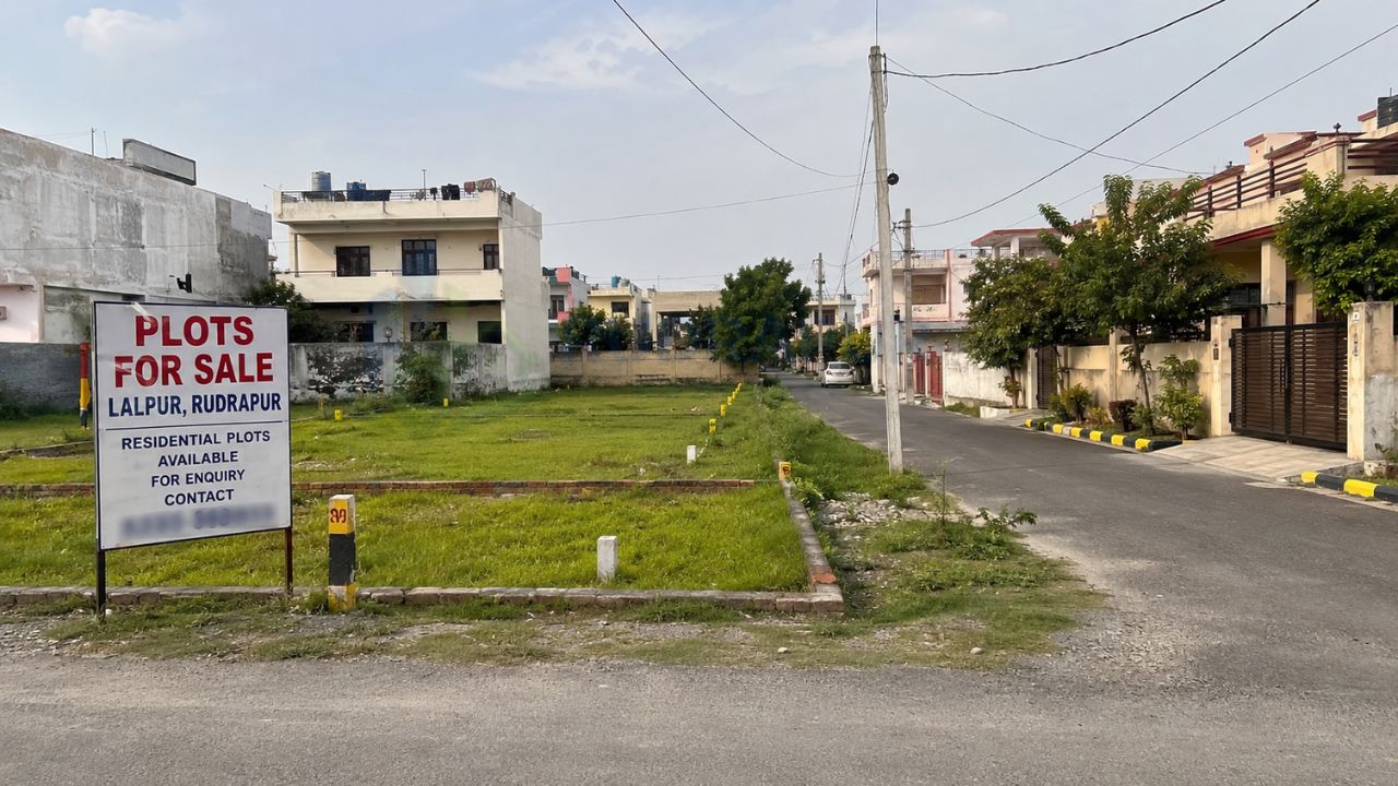Residential plots for sale in Lalpur, Rudrapur, featuring developed roads, nearby residential homes, and well-planned plots ideal for home construction and investment.
