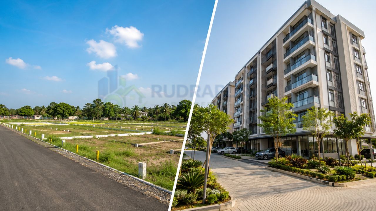 Side-by-side comparison of residential plots and modern apartment flats in Rudrapur, illustrating the differences between plot and flat investments.