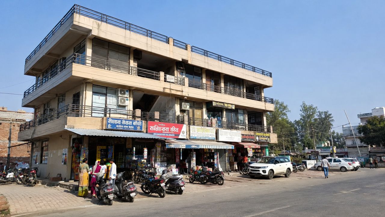 Pre-leased commercial building with retail shops and office spaces in Rudrapur, Uttarakhand, offering stable rental income and commercial real estate investment opportunities.