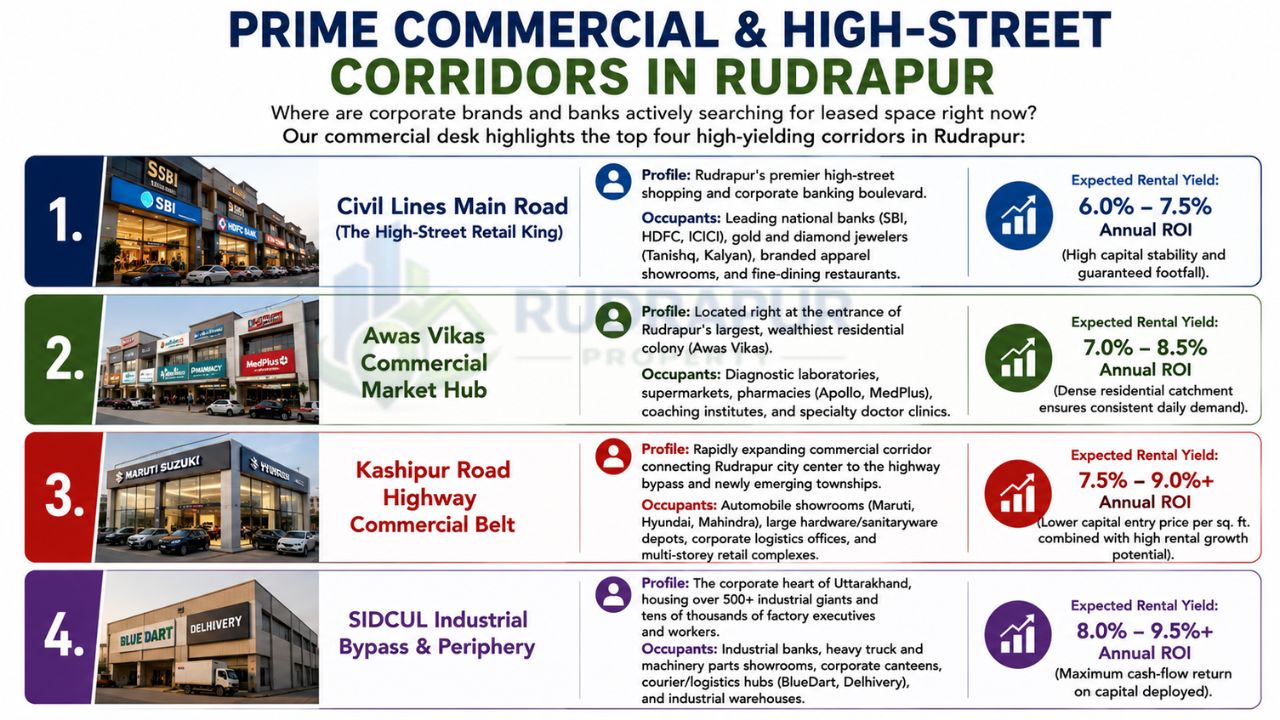Infographic highlighting Rudrapur's prime commercial corridors, including Civil Lines Main Road, Awas Vikas Commercial Market, Kashipur Road, and SIDCUL Industrial Bypass with rental yield estimates.