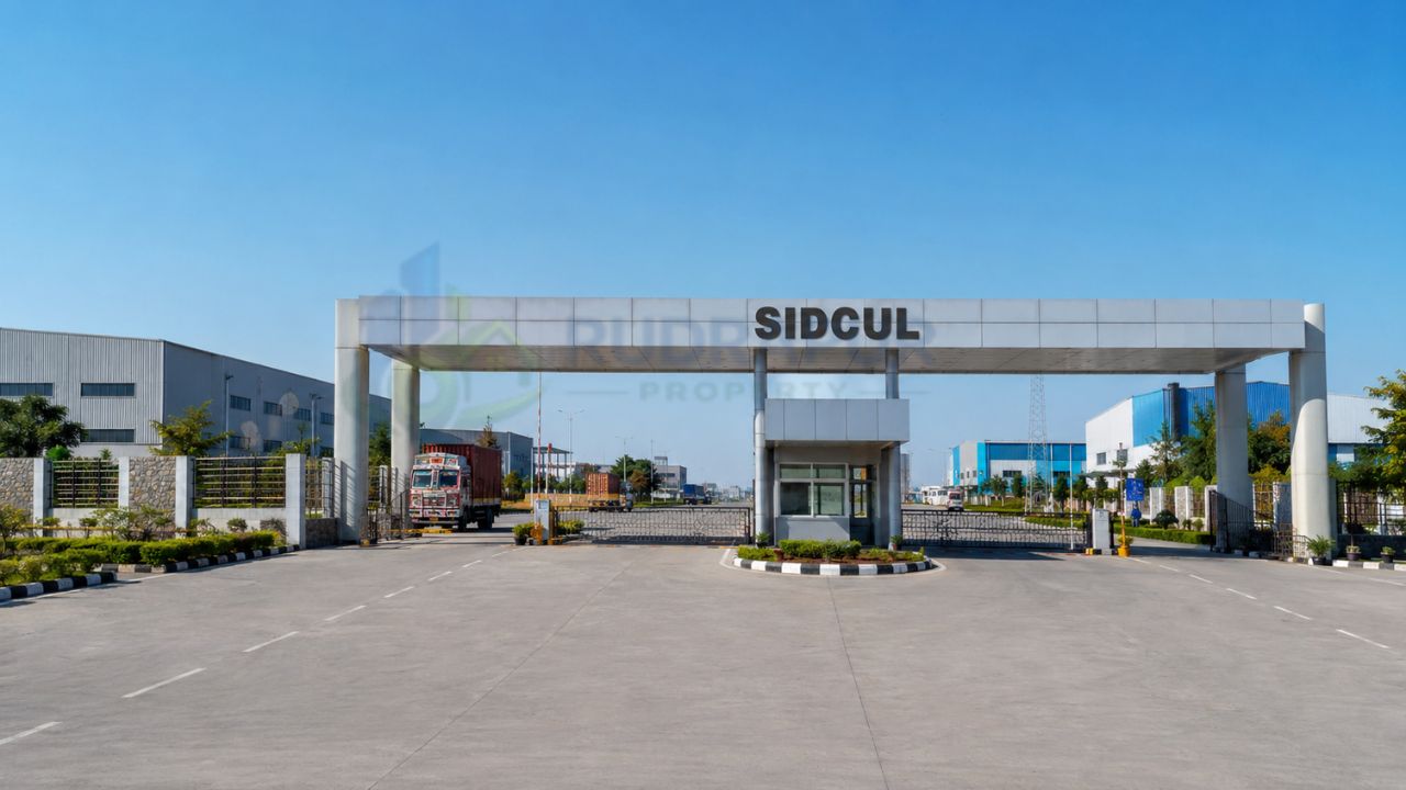 Main entrance of SIDCUL Rudrapur industrial area with industrial units and warehouses, highlighting nearby residential and commercial properties available for sale.