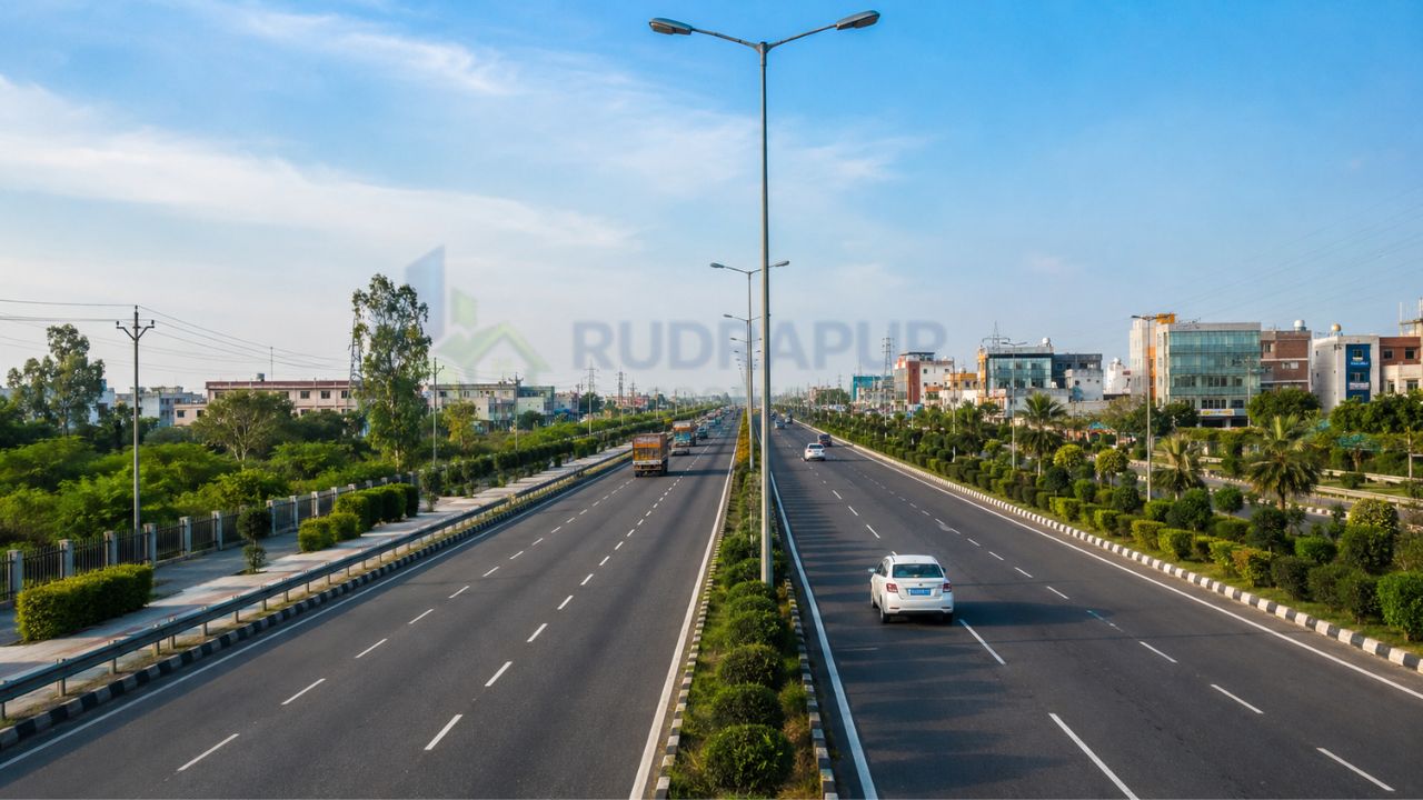 Modern six-lane Kashipur Road in Rudrapur featuring commercial buildings, landscaped medians, and excellent connectivity for residential and commercial property investment.