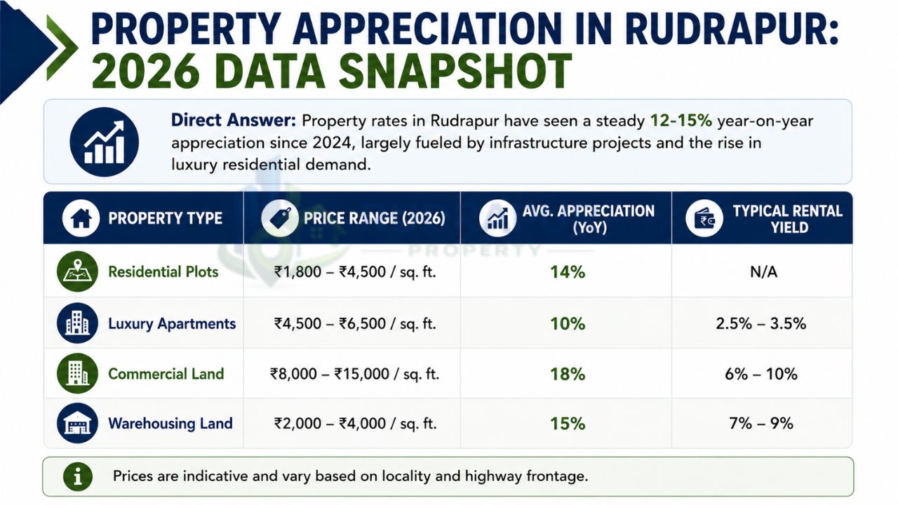 Infographic showing property appreciation in Rudrapur for 2026 with residential plot, luxury apartment, commercial land, and warehousing land price ranges, annual appreciation, and rental yields.