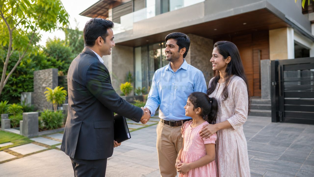 Professional property dealer in Rudrapur shaking hands with a family after helping them buy a residential property.