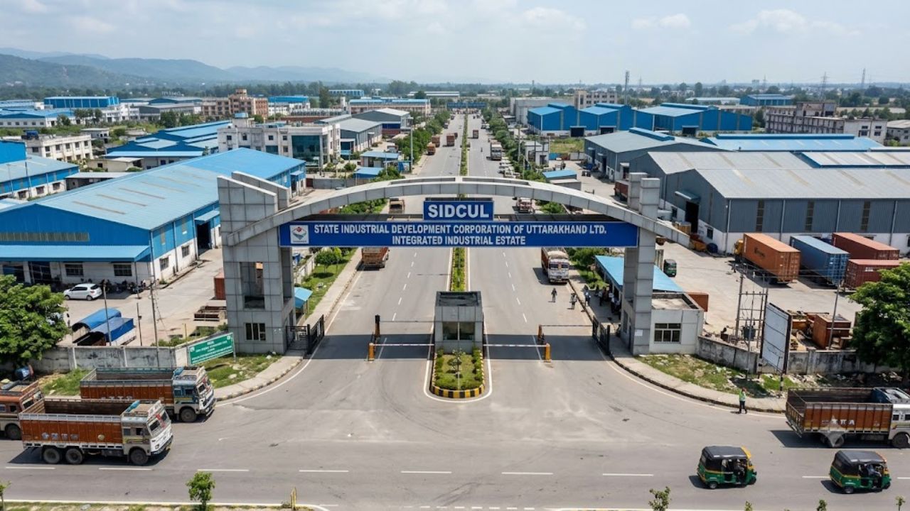 Aerial view of SIDCUL Integrated Industrial Estate in Rudrapur with factories, warehouses, and nearby commercial properties in Uttarakhand.