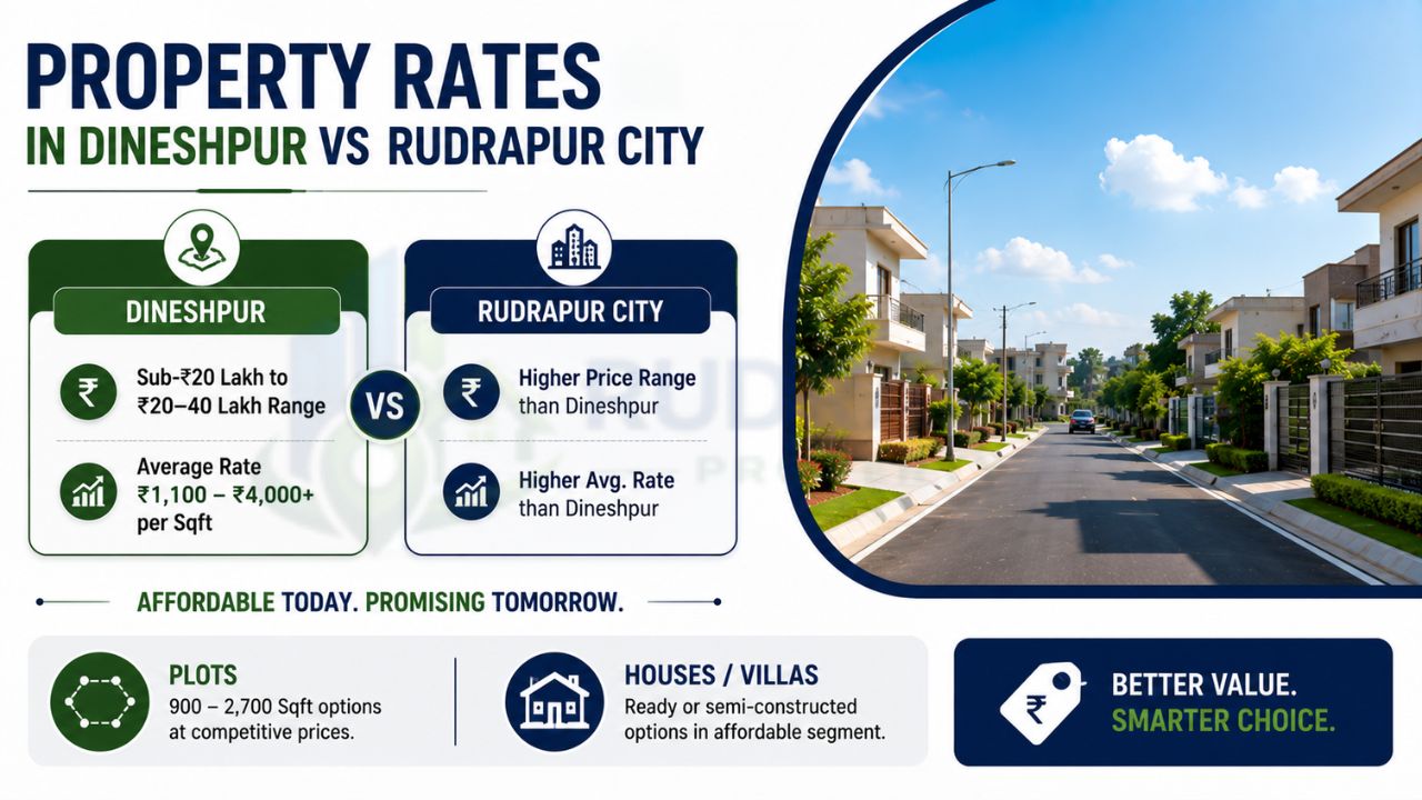 Infographic comparing property prices, average rates, plots, villas, and housing options between Dineshpur and Rudrapur City.