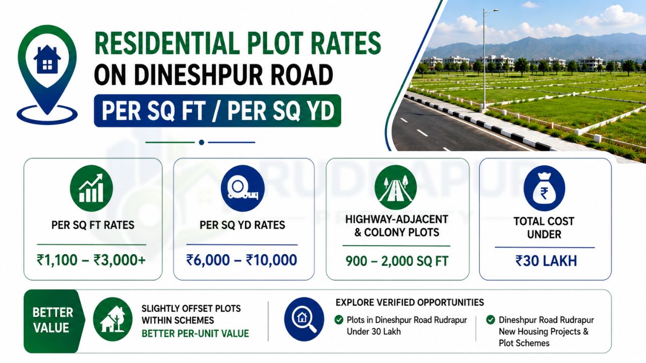 Residential plot rates on Dineshpur Road showing per sq ft and per sq yd prices, plot sizes, and budget options under ₹30 lakh