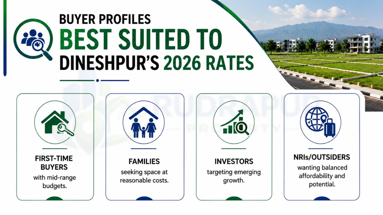 Buyer profiles best suited for Dineshpur 2026 residential plot rates, including first-time buyers, families, investors, and NRIs seeking affordable property