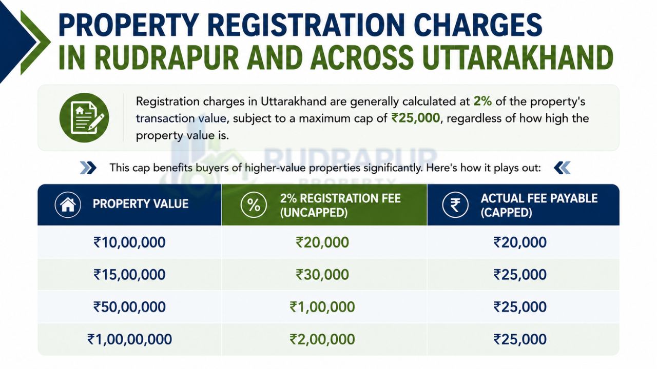 Infographic showing property registration charges in Rudrapur and Uttarakhand with a 2% registration fee, ₹25,000 maximum cap, and fee calculation examples for different property values.