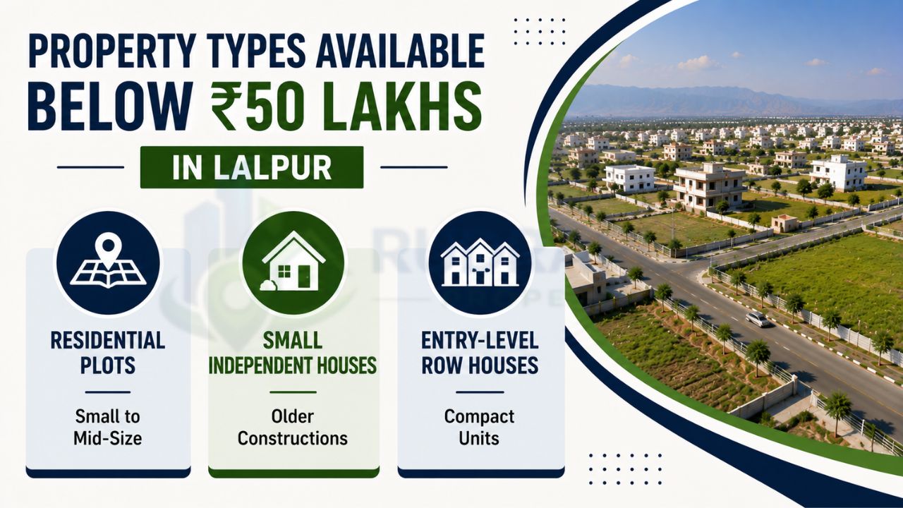 Infographic showing affordable property options in Lalpur Rudrapur under ₹50 lakhs, including residential plots, small independent houses, and entry-level row houses.