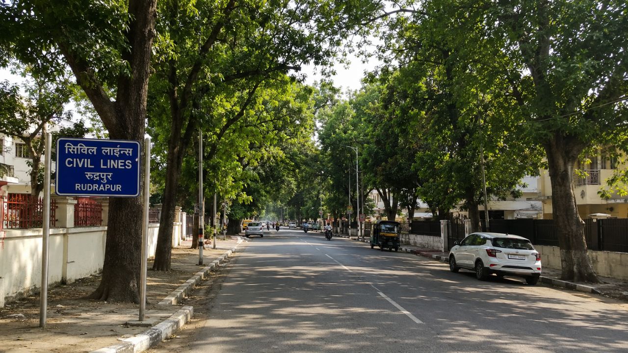 Tree-lined Civil Lines Road in Rudrapur featuring premium residential homes, wide roads, and a peaceful neighborhood in Uttarakhand.