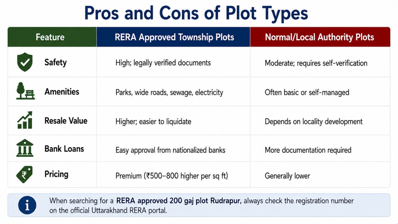 Comparison chart showing the pros and cons of RERA-approved township plots and normal local authority plots, including safety, amenities, resale value, bank loans, and pricing.
