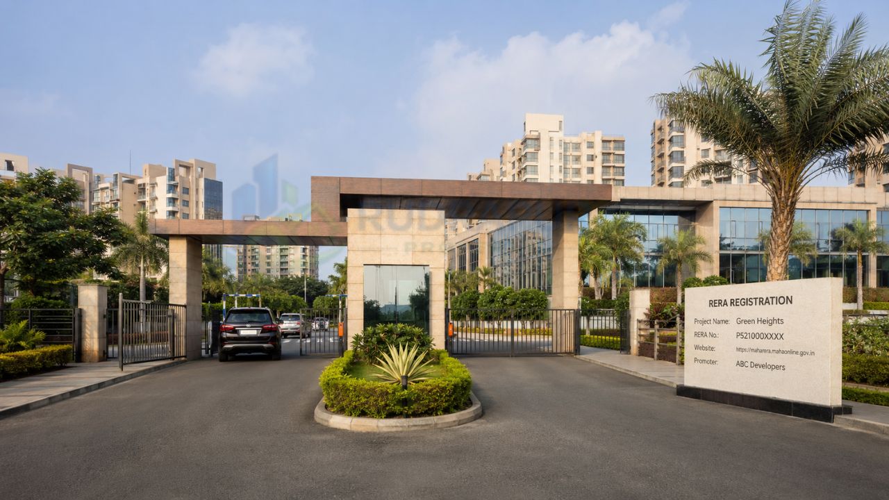 Gated RERA-approved residential township in Rudrapur featuring a modern entrance gate, landscaped surroundings, apartment buildings, security checkpoint, and RERA registration information.